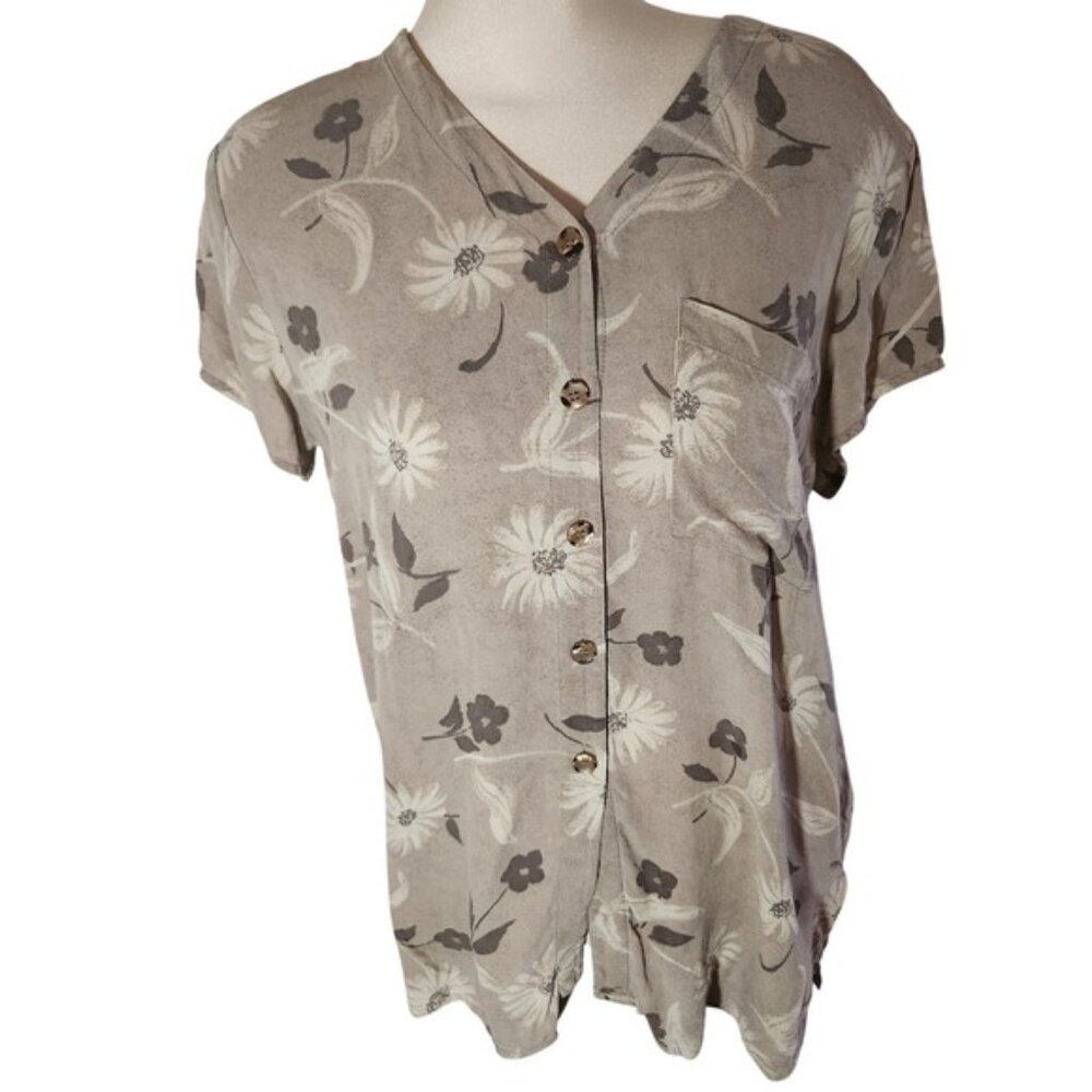 Jones New York Womens Button Front‎ Floral Silk Blouse earthy fairycore natural